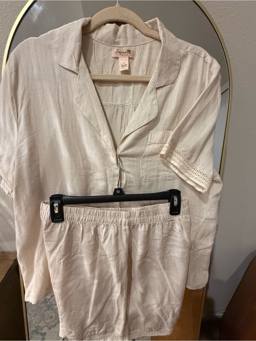 Japna Cream Short Sleeve Button Pajama Set with Lace Accents - Picture 2 of 9